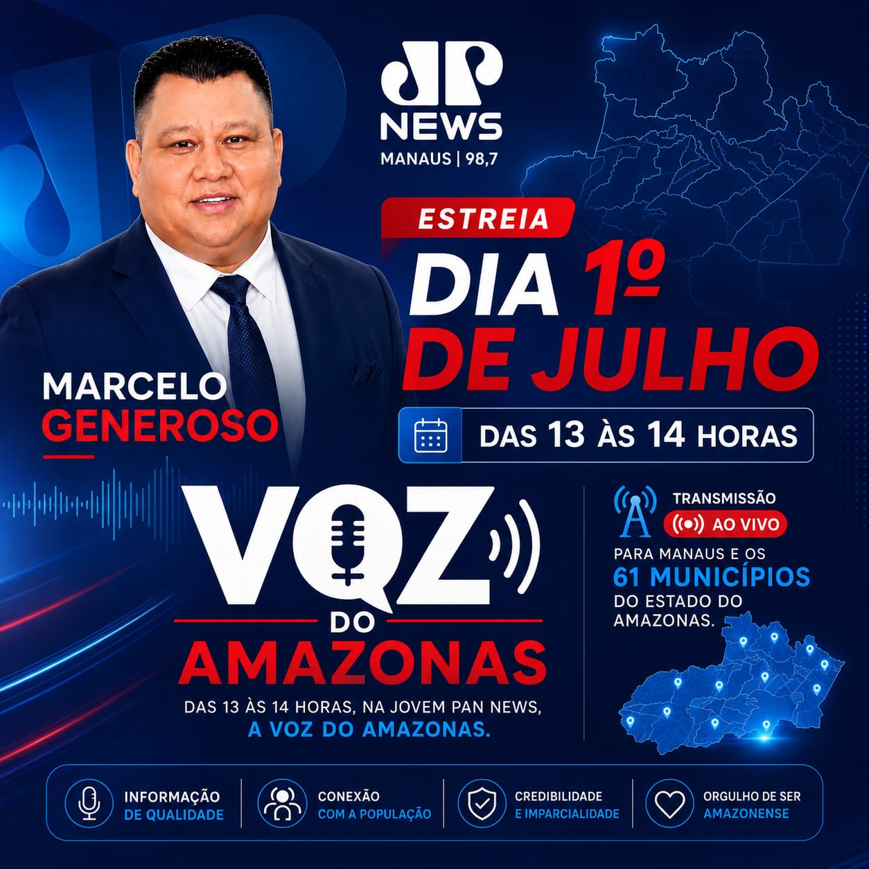 Voz do Amazonas com Marcelo Generoso estreia dia 1º de julho na Jovem Pan News e promete conectar Manaus aos 61 municípios do estado