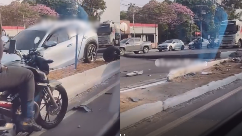 VÍDEO: carro sobe em meio-fio e poste é derrubado na Rodrigo Otávio em Manaus